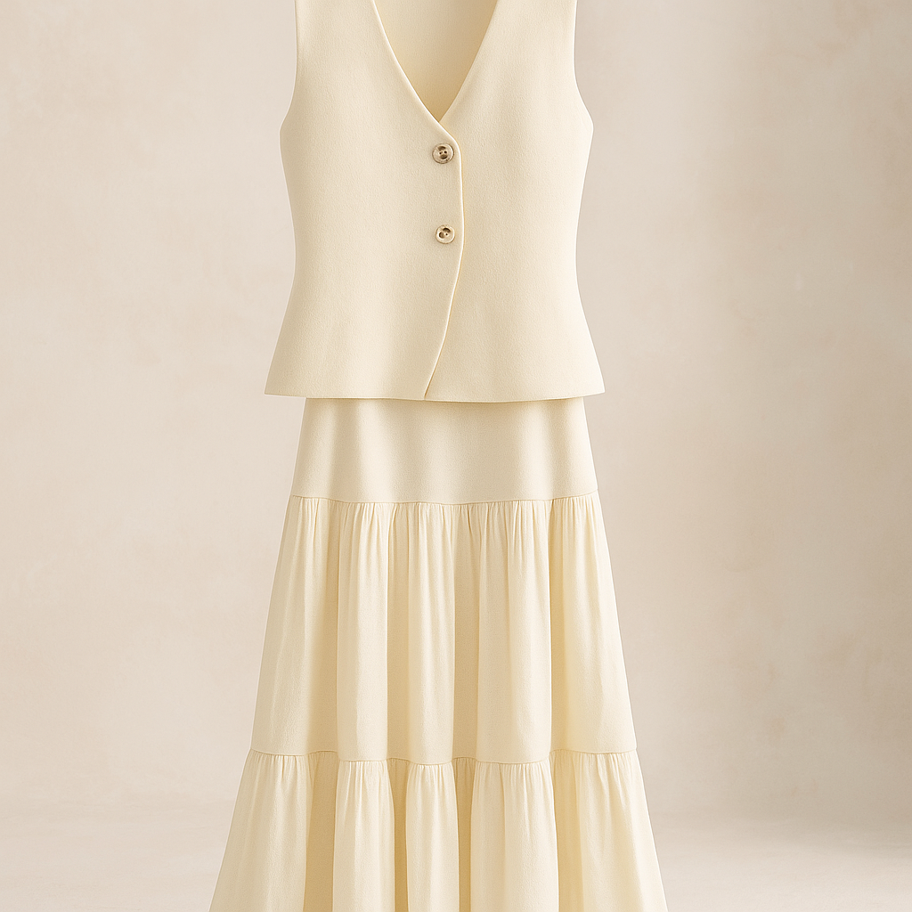 Knit Two-Piece Outfit – V-Neck Top & Pleated Skirt