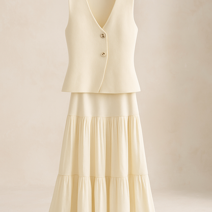 Knit Two-Piece Outfit – V-Neck Top & Pleated Skirt