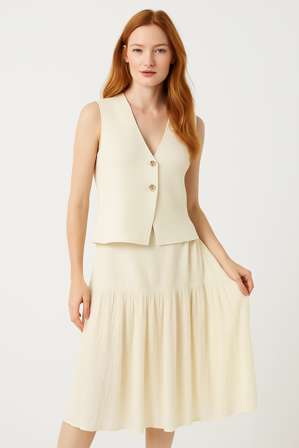 Knit Two-Piece Outfit – V-Neck Top & Pleated Skirt