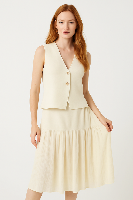 Knit Two-Piece Outfit – V-Neck Top & Pleated Skirt