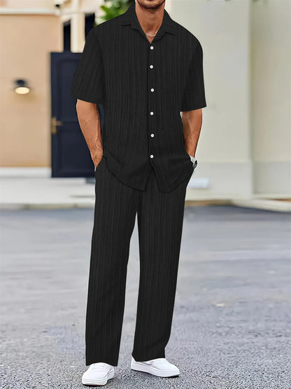 Men's Summer Outfit Set – Mandarin Collar Shirt + Pants