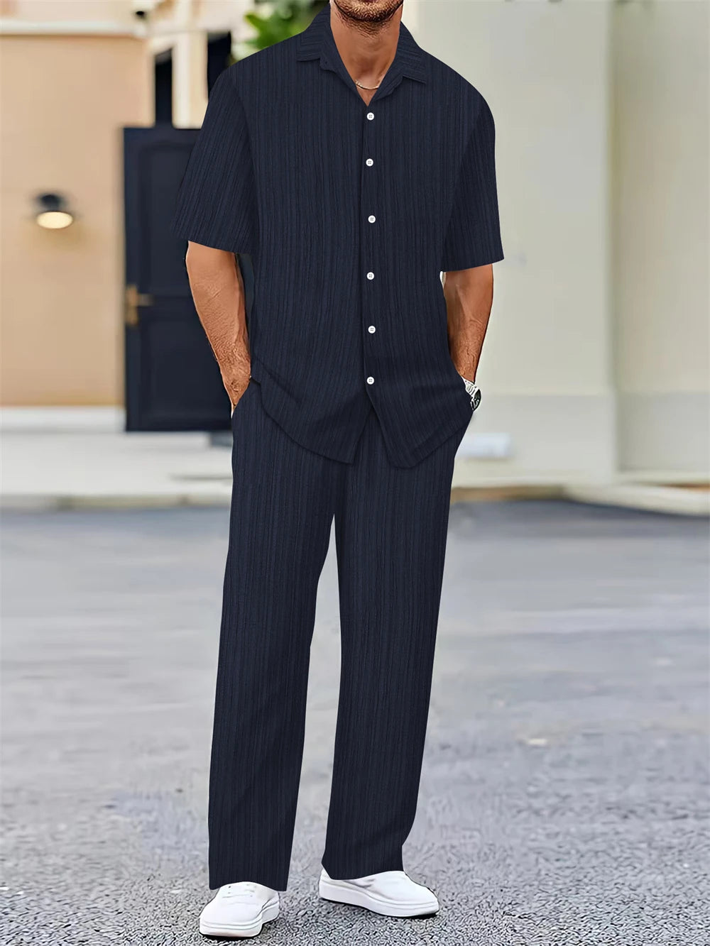Men's Summer Outfit Set – Mandarin Collar Shirt + Pants