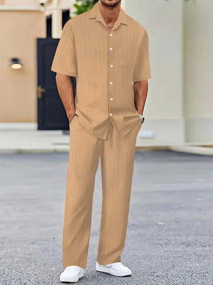 Men's Summer Outfit Set – Mandarin Collar Shirt + Pants
