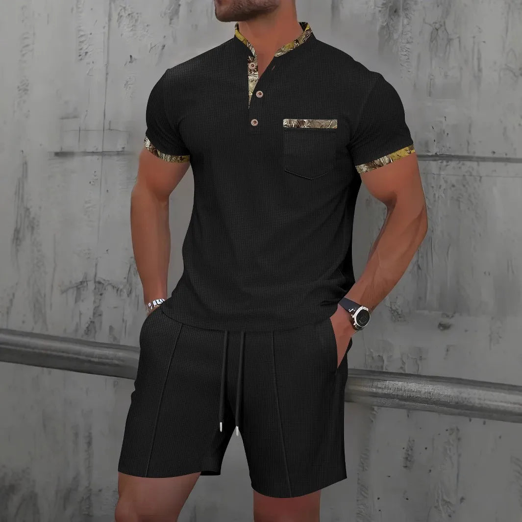 Men's Summer Waffle Knit Two-Piece Set – Zip-Up Lapel Shirt + Shorts