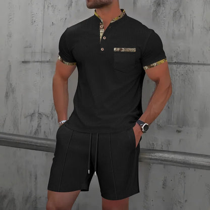 Men's Summer Waffle Knit Two-Piece Set – Zip-Up Lapel Shirt + Shorts