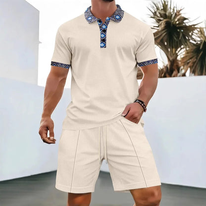 Men's Summer Waffle Knit Two-Piece Set – Zip-Up Lapel Shirt + Shorts