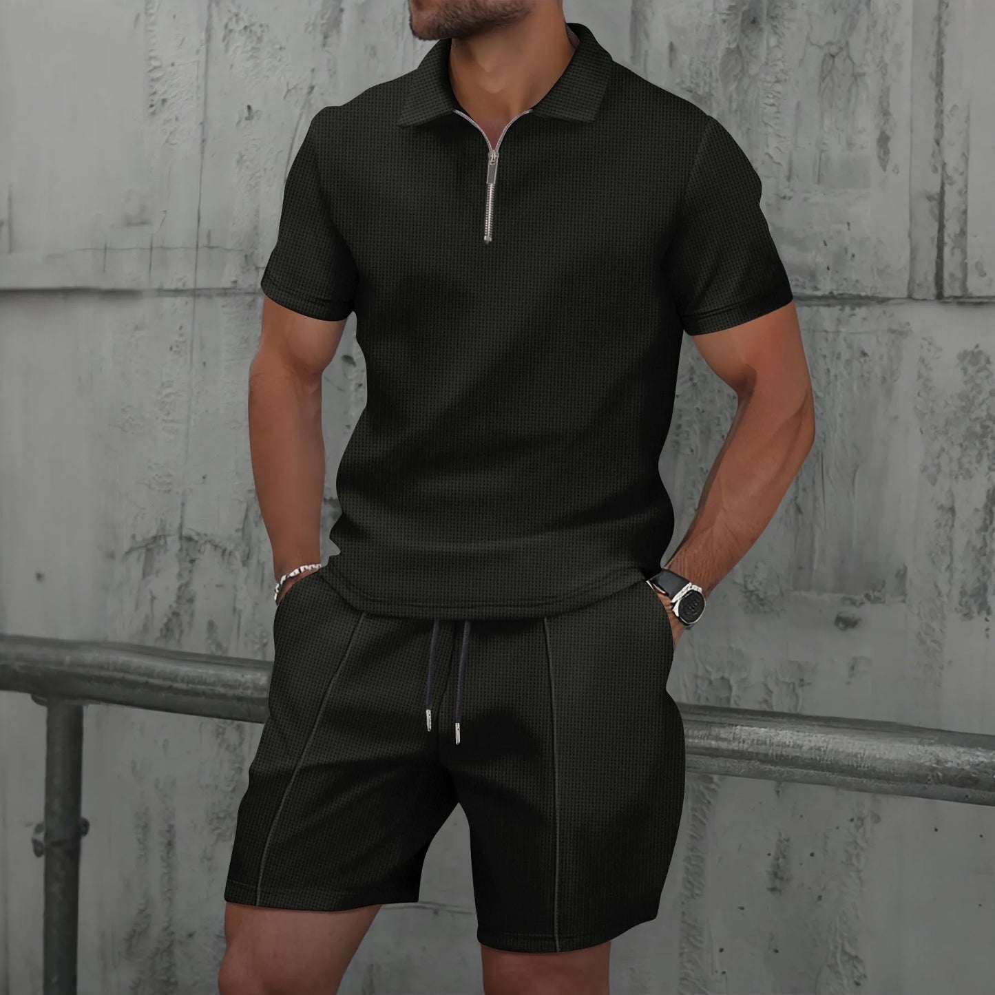 Men's Summer Waffle Knit Two-Piece Set – Zip-Up Lapel Shirt + Shorts