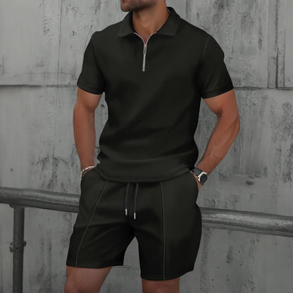 Men's Summer Waffle Knit Two-Piece Set – Zip-Up Lapel Shirt + Shorts