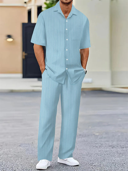 Men's Summer Outfit Set – Mandarin Collar Shirt + Pants
