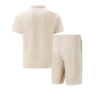Men's Summer Waffle Knit Two-Piece Set – Zip-Up Lapel Shirt + Shorts