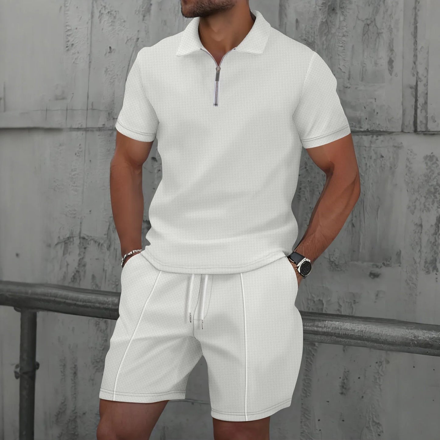 Men's Summer Waffle Knit Two-Piece Set – Zip-Up Lapel Shirt + Shorts