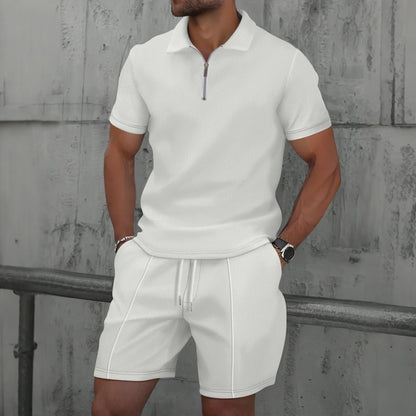 Men's Summer Waffle Knit Two-Piece Set – Zip-Up Lapel Shirt + Shorts