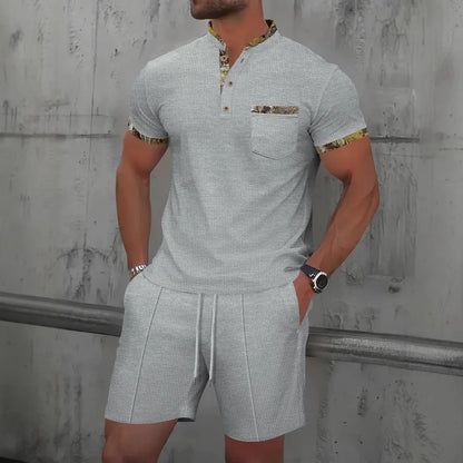 Men's Summer Waffle Knit Two-Piece Set – Zip-Up Lapel Shirt + Shorts