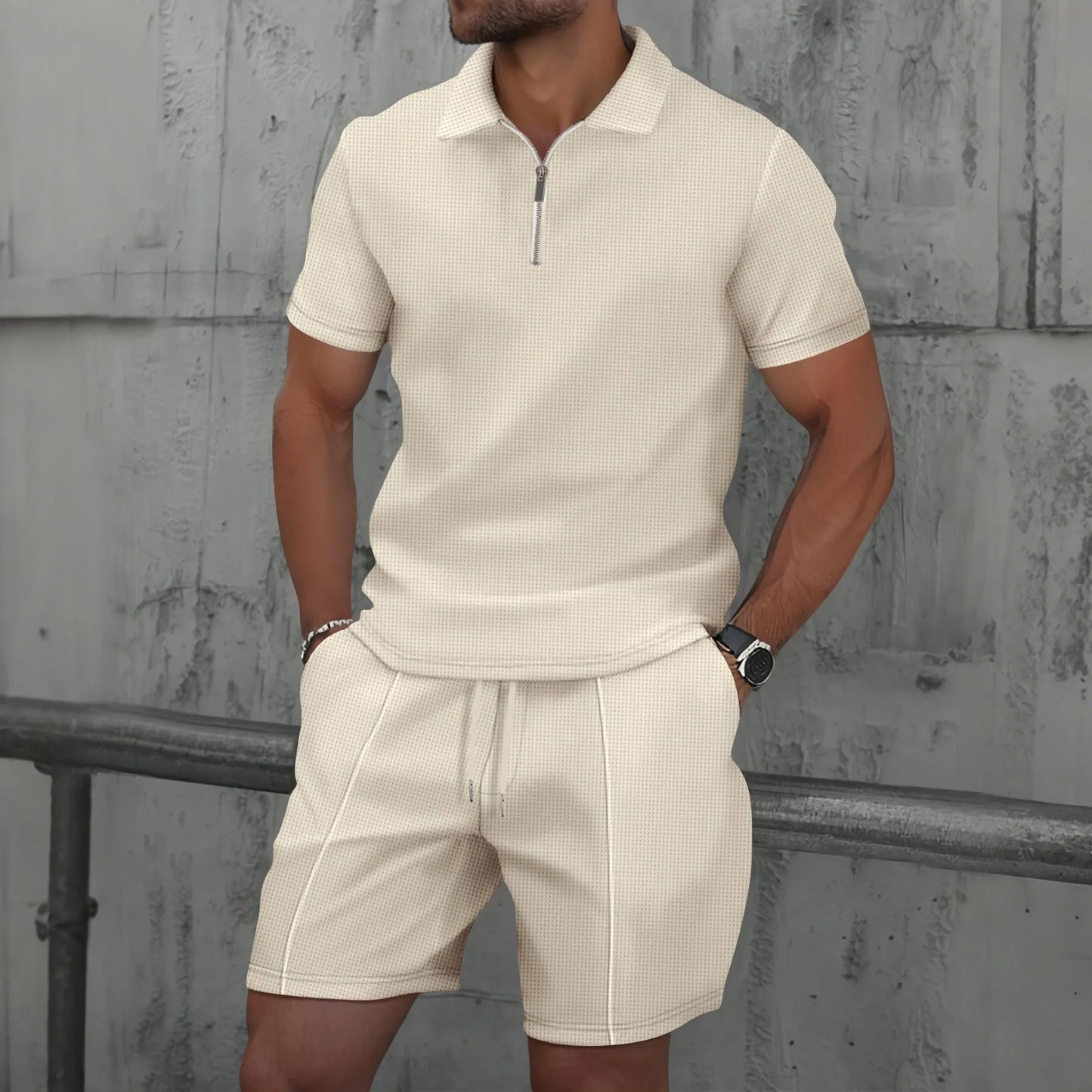 Men's Summer Waffle Knit Two-Piece Set – Zip-Up Lapel Shirt + Shorts