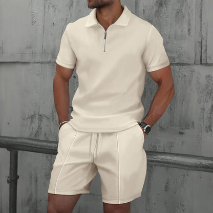 Men's Summer Waffle Knit Two-Piece Set – Zip-Up Lapel Shirt + Shorts