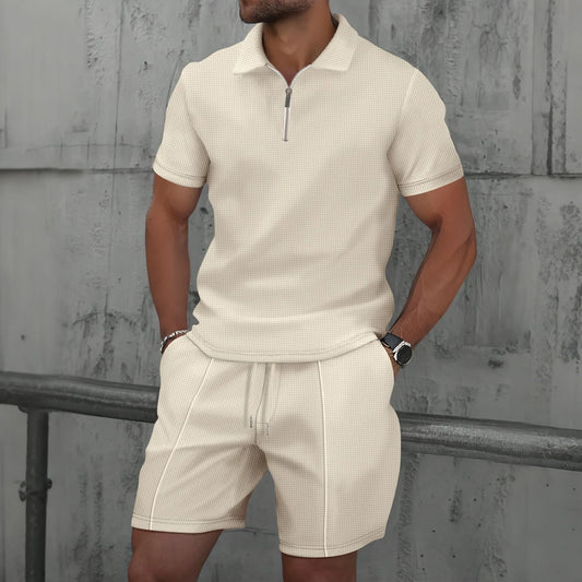 Men's Summer Waffle Knit Two-Piece Set – Zip-Up Lapel Shirt + Shorts