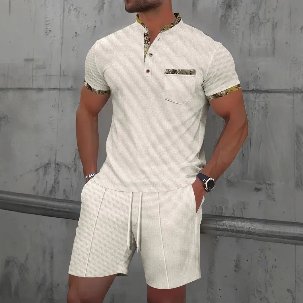 Men's Summer Waffle Knit Two-Piece Set – Zip-Up Lapel Shirt + Shorts