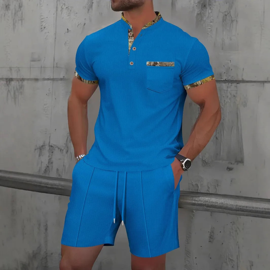 Men's Summer Waffle Knit Two-Piece Set – Zip-Up Lapel Shirt + Shorts
