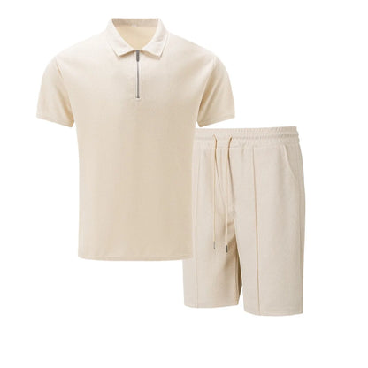 Men's Summer Waffle Knit Two-Piece Set – Zip-Up Lapel Shirt + Shorts