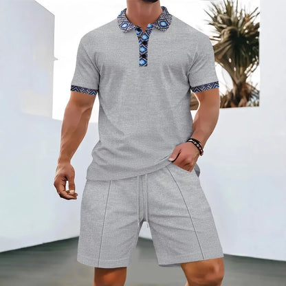 Men's Summer Waffle Knit Two-Piece Set – Zip-Up Lapel Shirt + Shorts