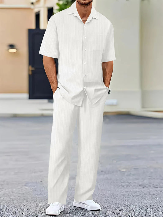 Men's Summer Outfit Set – Mandarin Collar Shirt + Pants