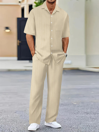 Men's Summer Outfit Set – Mandarin Collar Shirt + Pants