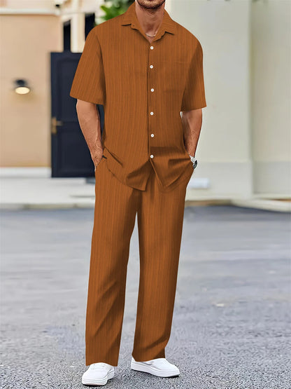 Men's Summer Outfit Set – Mandarin Collar Shirt + Pants