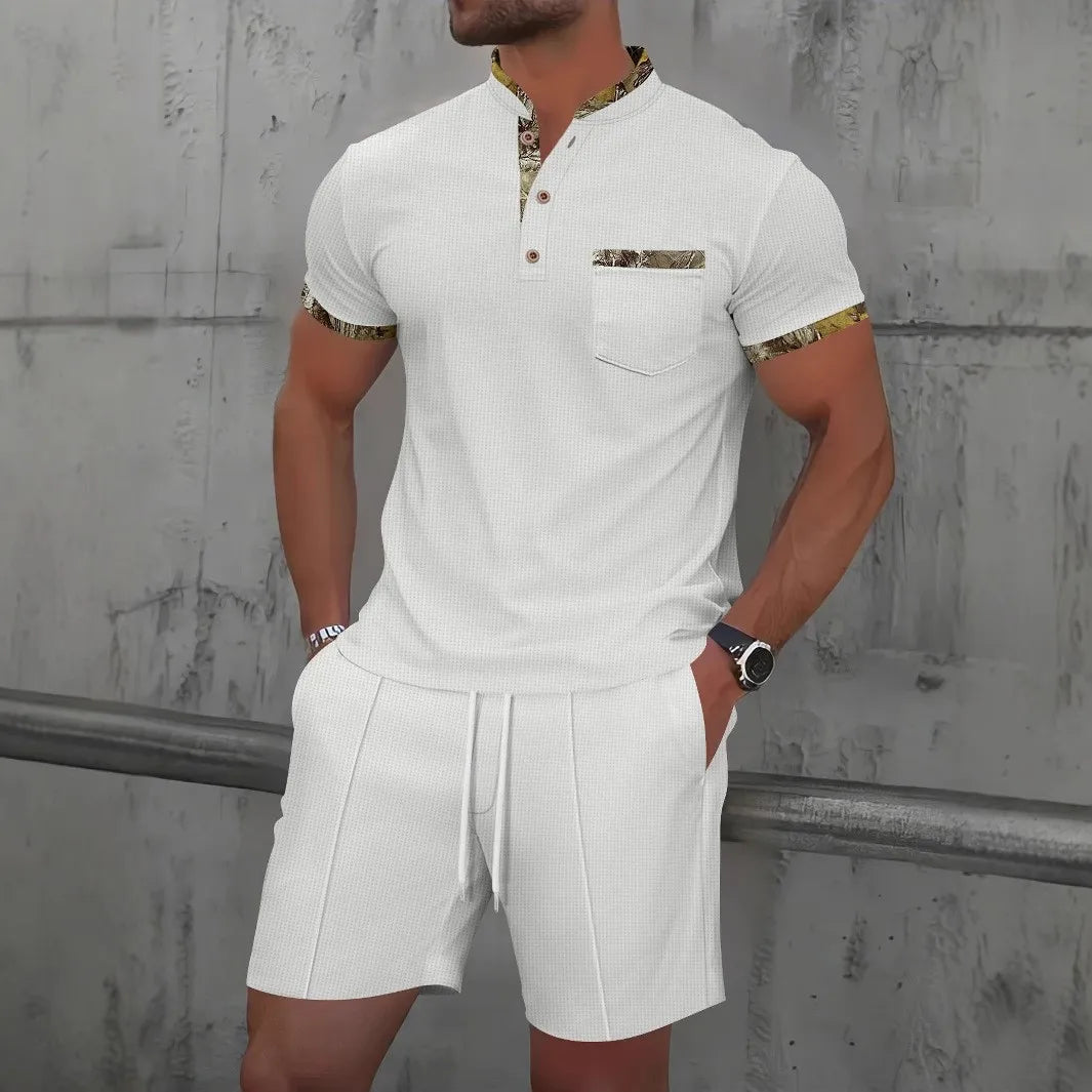 Men's Summer Waffle Knit Two-Piece Set – Zip-Up Lapel Shirt + Shorts