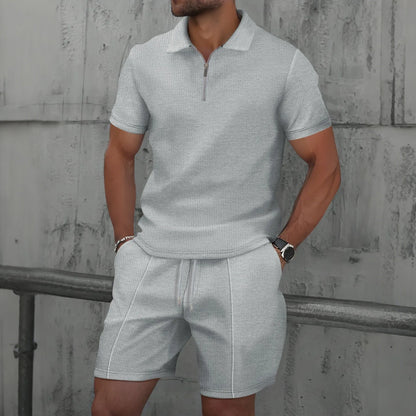 Men's Summer Waffle Knit Two-Piece Set – Zip-Up Lapel Shirt + Shorts