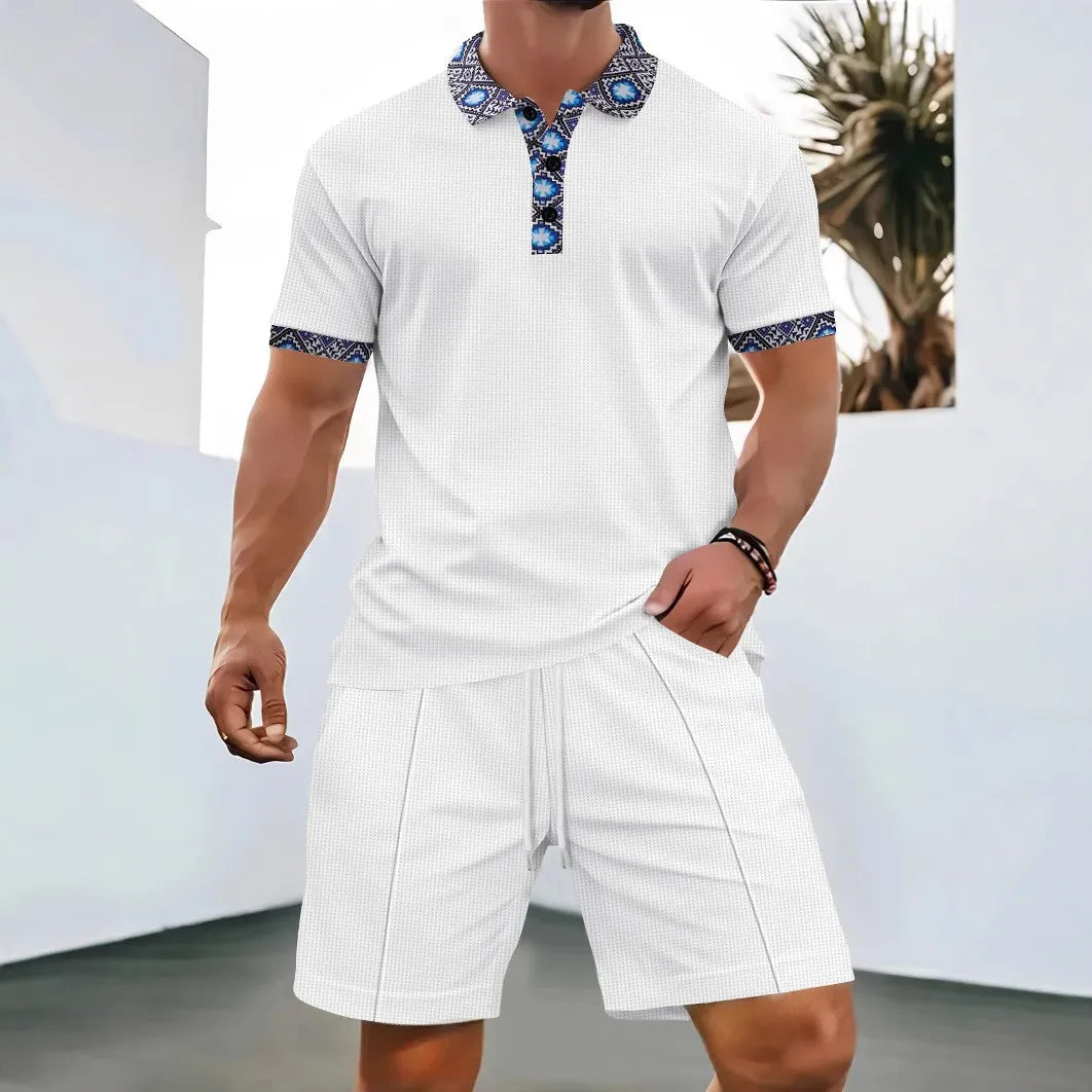 Men's Summer Waffle Knit Two-Piece Set – Zip-Up Lapel Shirt + Shorts
