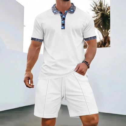 Men's Summer Waffle Knit Two-Piece Set – Zip-Up Lapel Shirt + Shorts